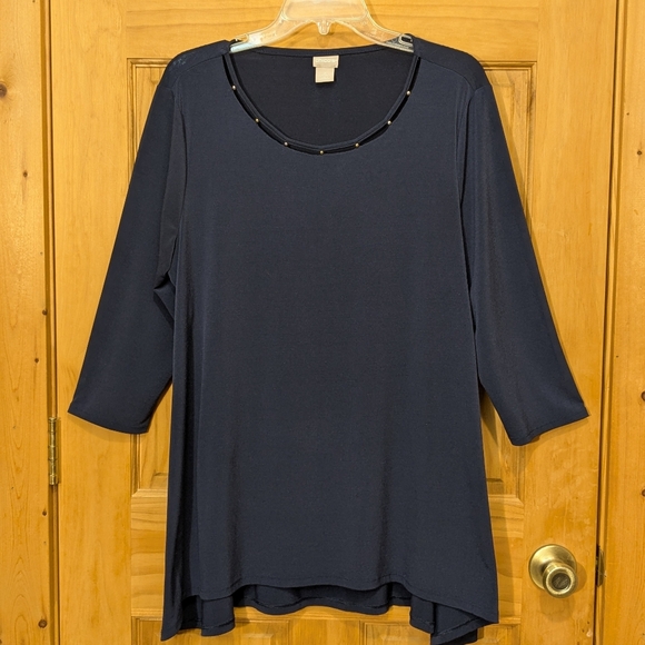 Chicos Shirt Siz 2 LG Top Navy Blue LS Blouse Embellished Casual Evening Party - Picture 1 of 9
